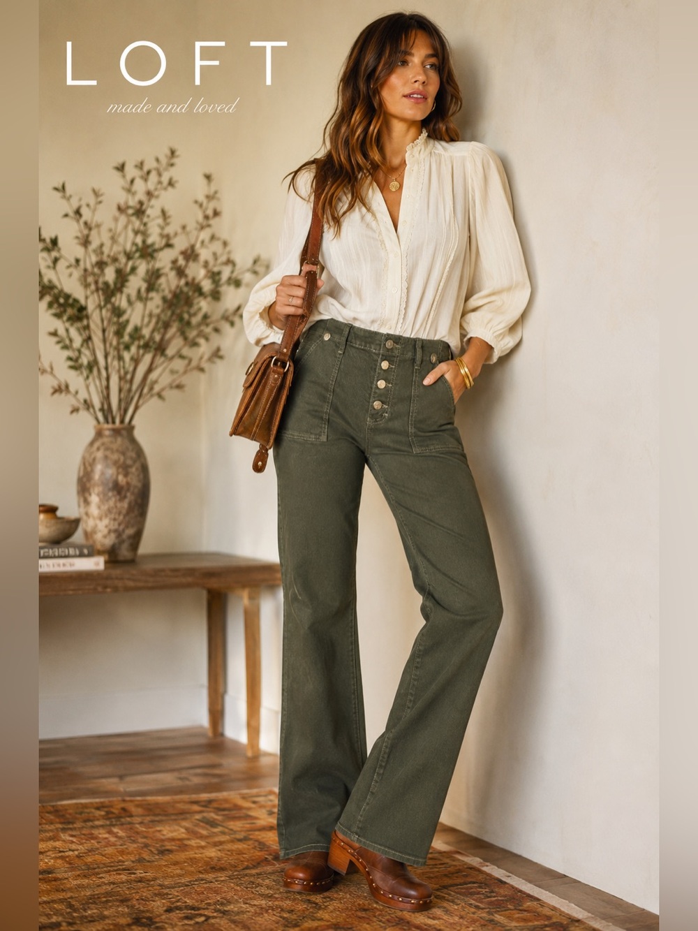 Made and Loved LOFT The Slim Flare Olive Green Button Fly Jeans Size 28/6